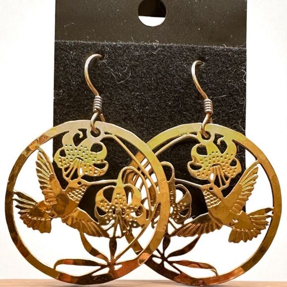 Wild Bryde Hummingbird and Tiger Lilies Gold Hummingbird Pierced Earrings - Picture 1 of 5